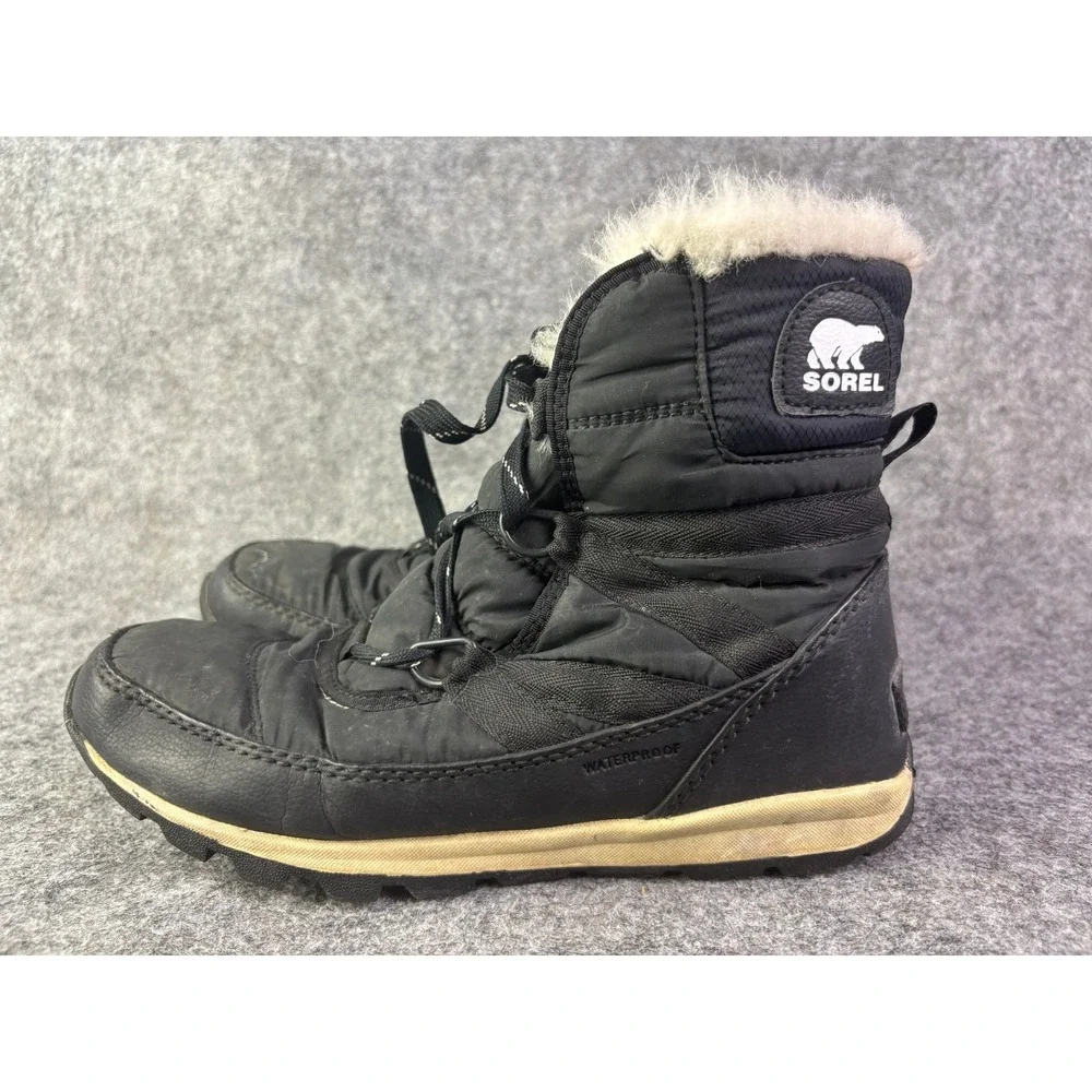 Sorel Whitney Short Lace Boots Womens 6 Black Waterproof Faux Fur NL2776-010
